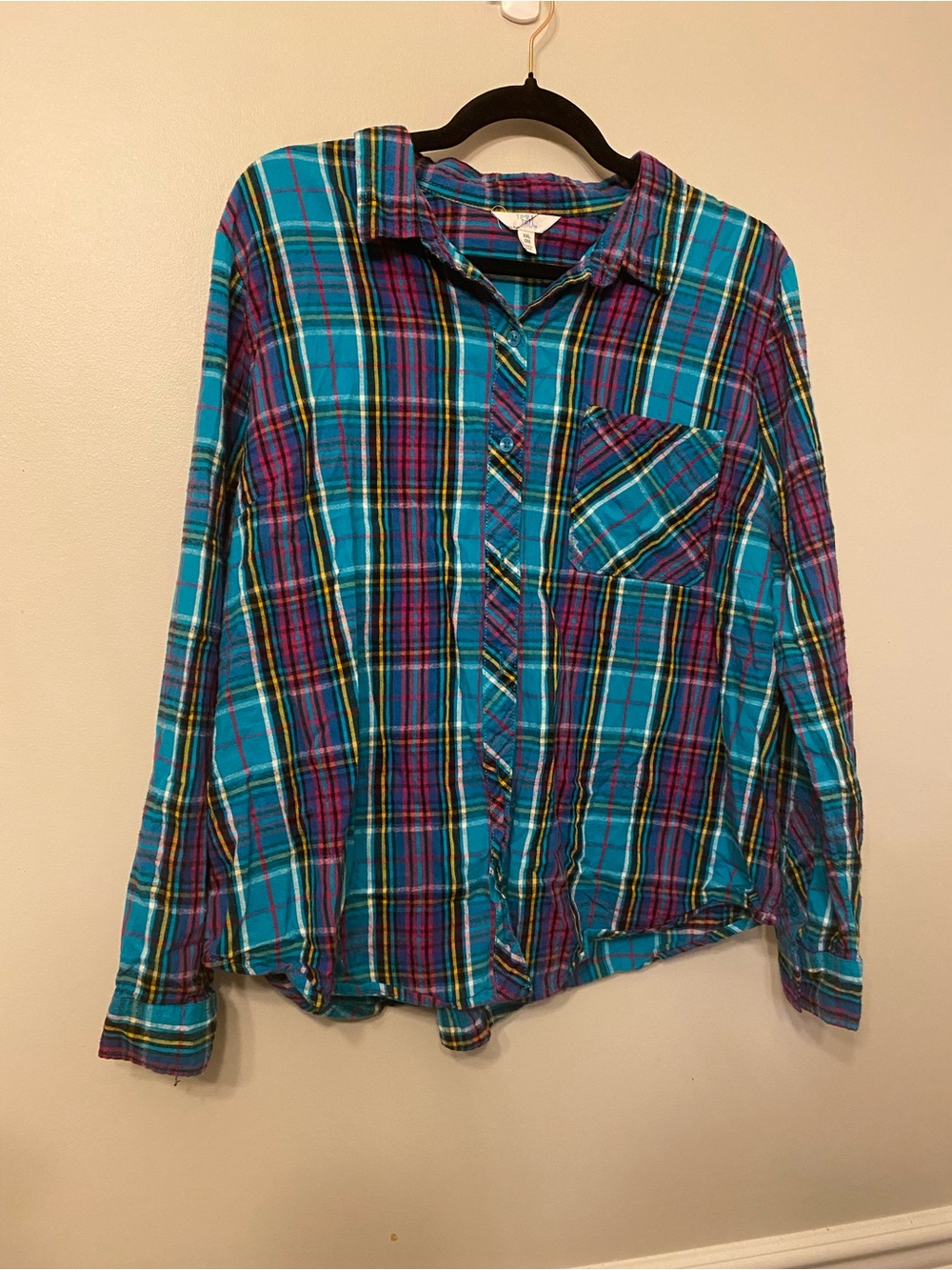 Time and Tru Teal Plaid Button-Up Shirt
